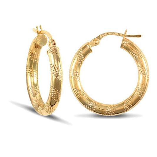 9ct Yellow Gold Zebra Hoop Earrings - 3mm Tube