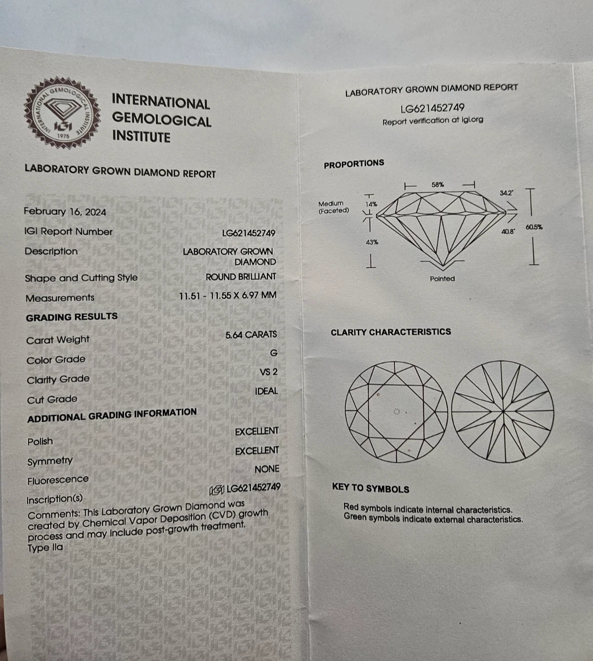 IGI Certified Lab Grown 5.64ct Round Diamond G VS2 Platinum Ring