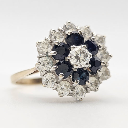 9ct Yellow & White Gold CZ and Sapphire Flower Cluster Ring