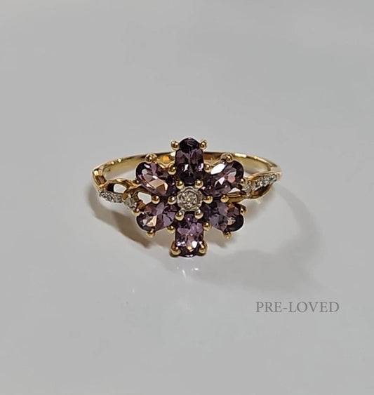 9ct Yellow Gold Amethyst And Diamond Flower Cluster Ring, Size S