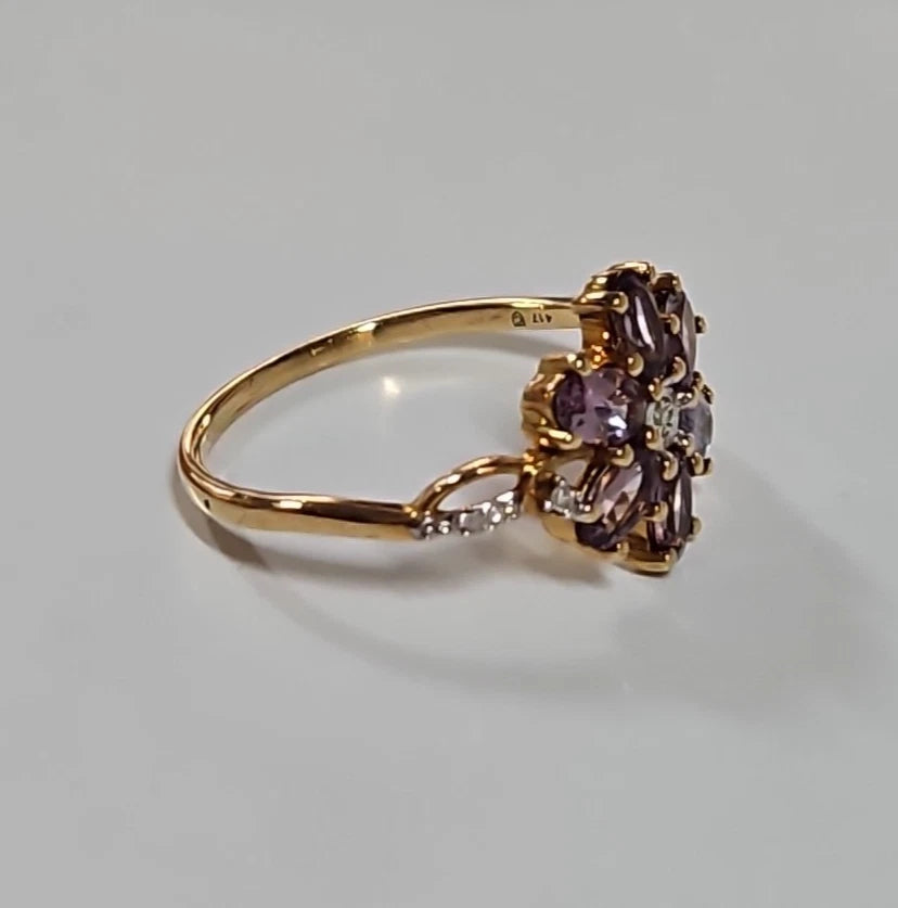 9ct Yellow Gold Amethyst And Diamond Flower Cluster Ring, Size S