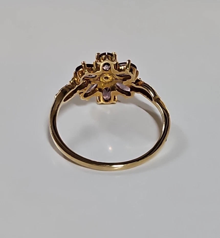 9ct Yellow Gold Amethyst And Diamond Flower Cluster Ring, Size S