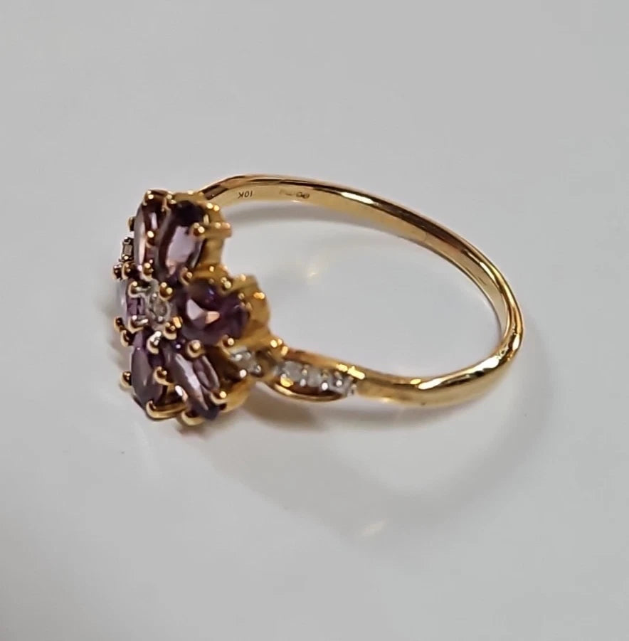 9ct Yellow Gold Amethyst And Diamond Flower Cluster Ring, Size S