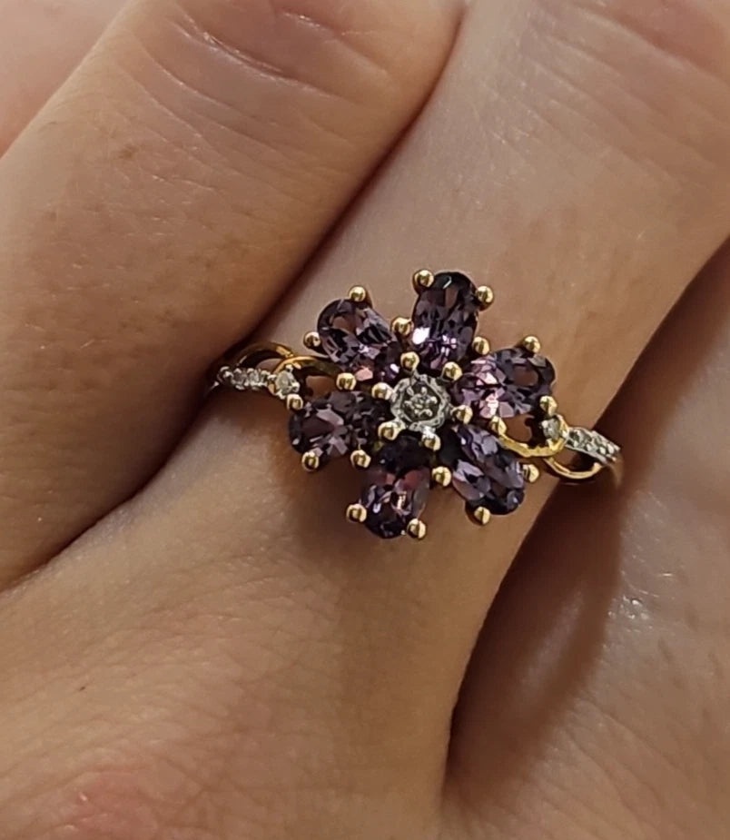 9ct Yellow Gold Amethyst And Diamond Flower Cluster Ring, Size S
