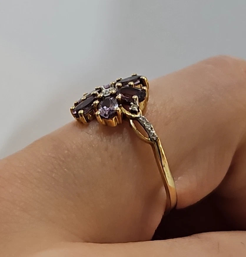 9ct Yellow Gold Amethyst And Diamond Flower Cluster Ring, Size S