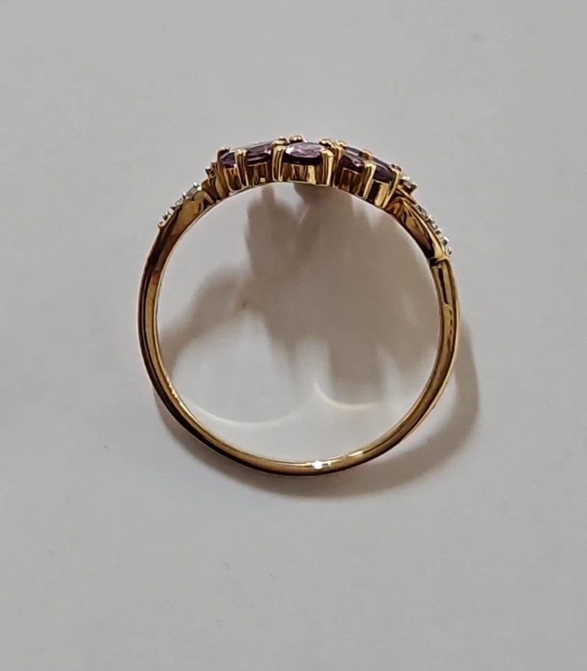 9ct Yellow Gold Amethyst And Diamond Flower Cluster Ring, Size S