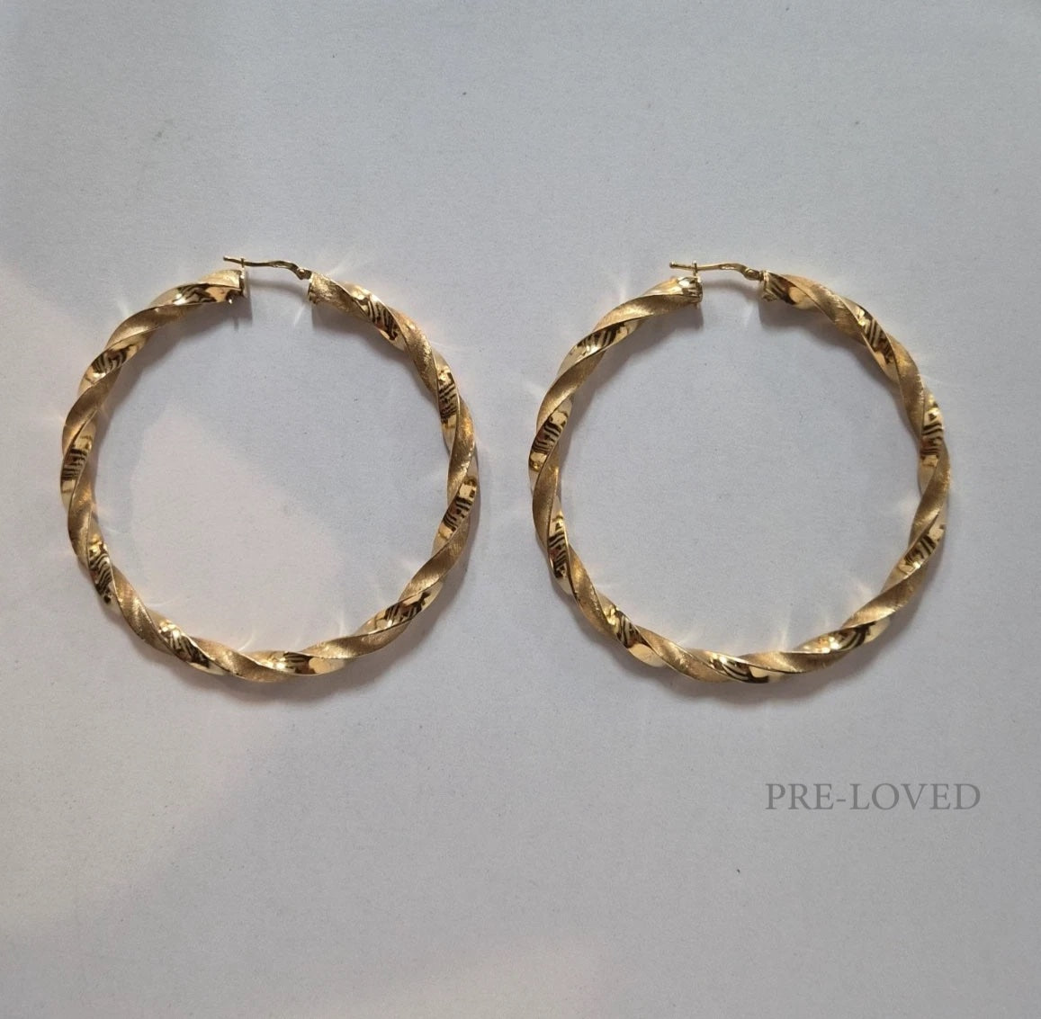 9ct Yellow Gold Matte And Shiny Large Twist Hoop Earrings