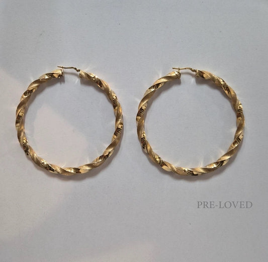 9ct Yellow Gold Matte And Shiny Large Twist Hoop Earrings