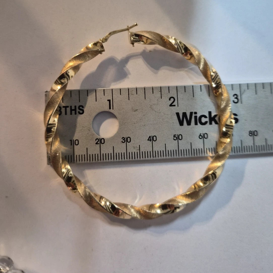 9ct Yellow Gold Matte And Shiny Large Twist Hoop Earrings