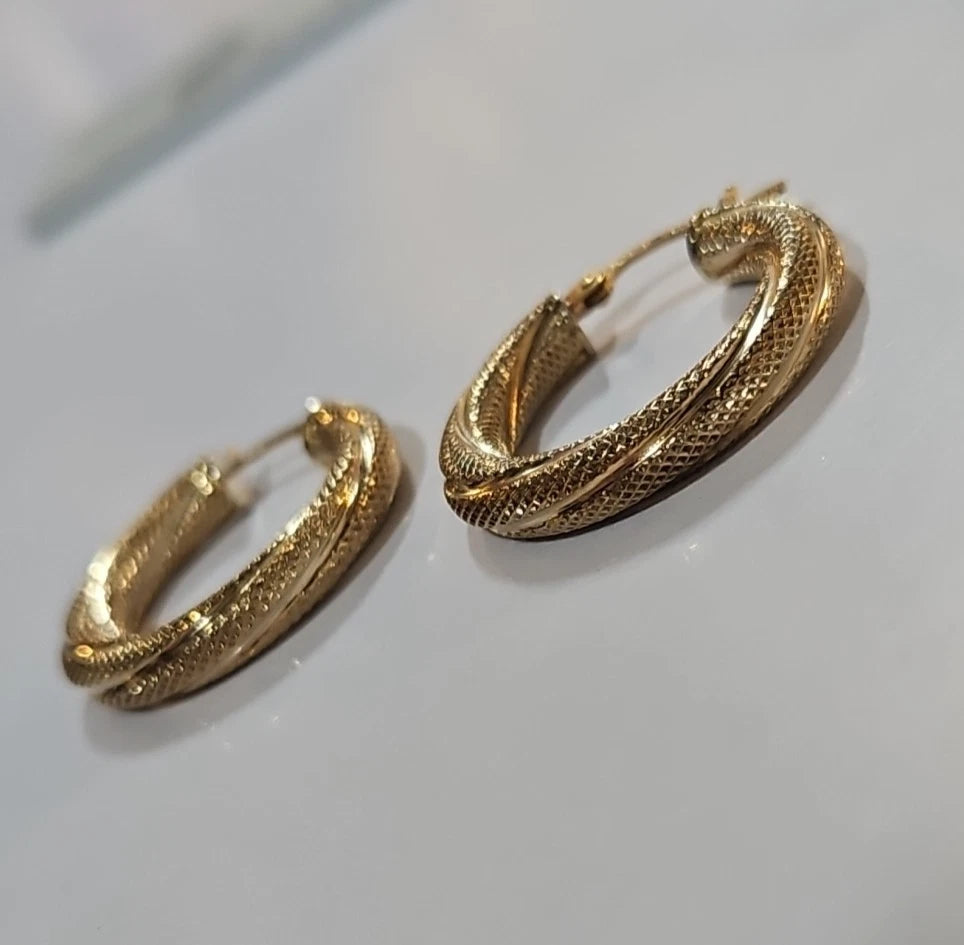 9ct Yellow Gold Frosted Hoop Earrings