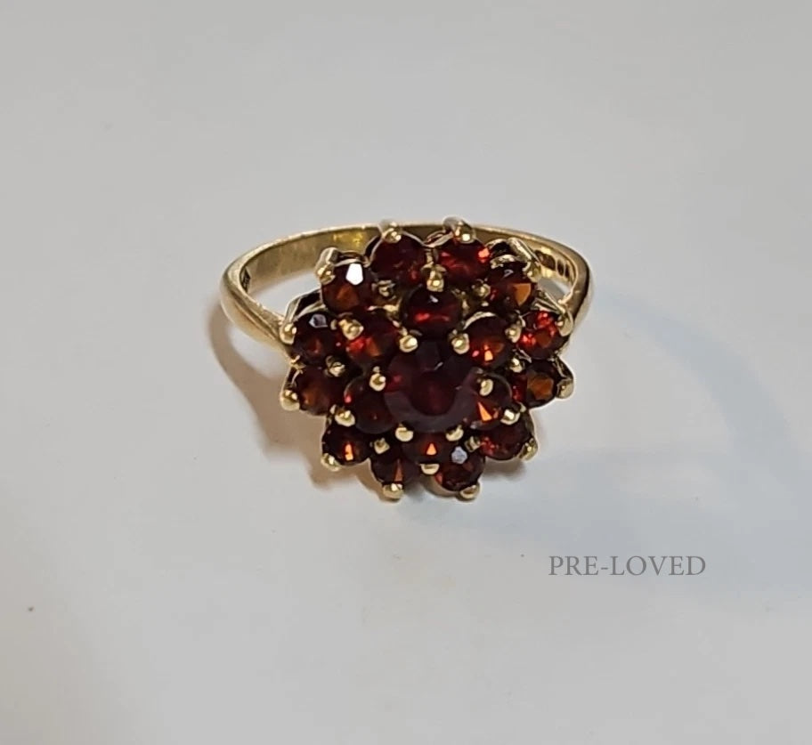 9ct Yellow Gold Garnet Cluster Ring, Size P