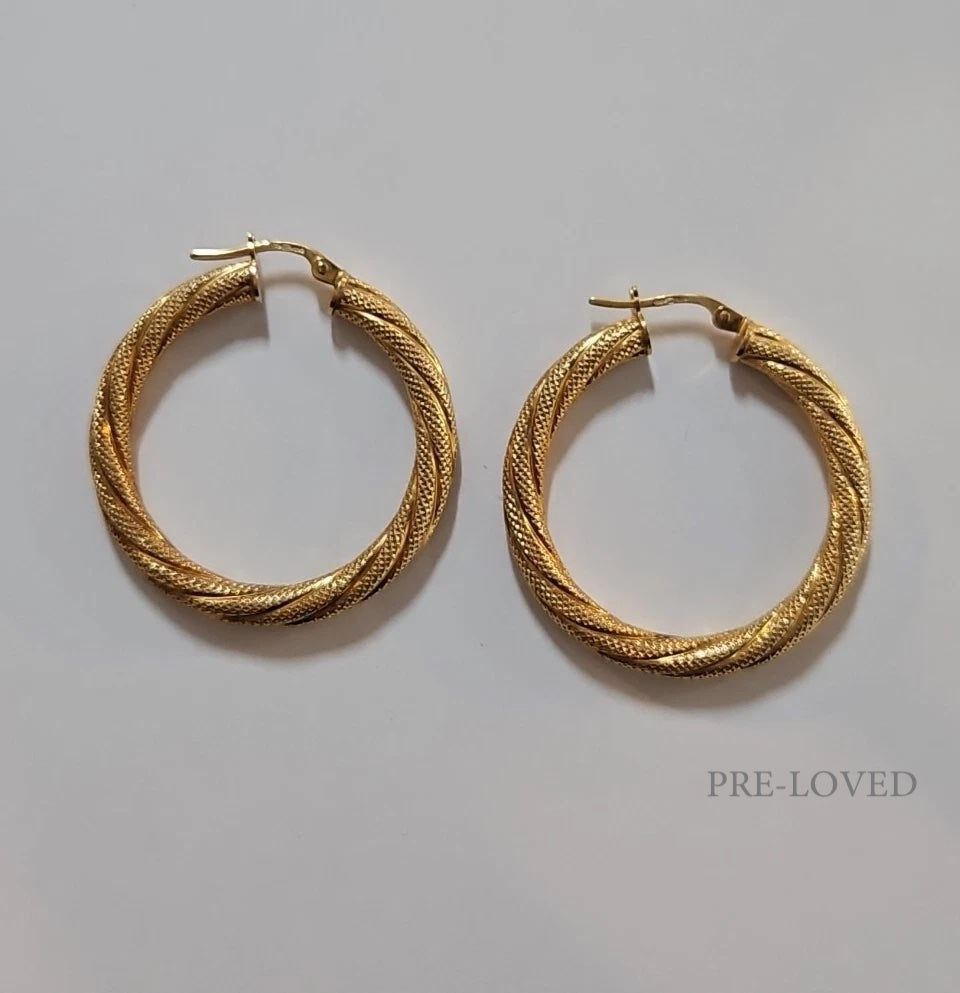 9ct Yellow Gold Frosted Twist Hoop Earrings