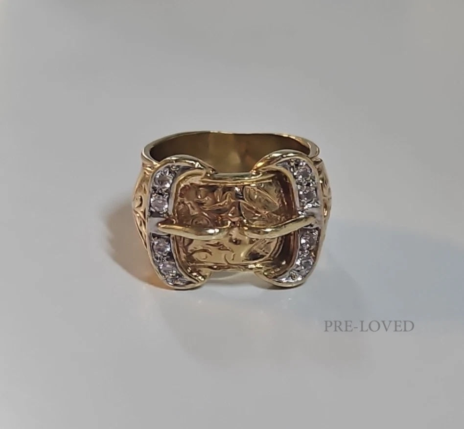 9ct Yellow Gold CZ Double Buckle Ring, Size T