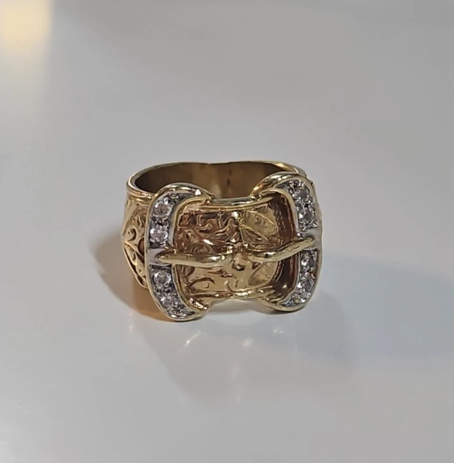 9ct Yellow Gold CZ Double Buckle Ring, Size T