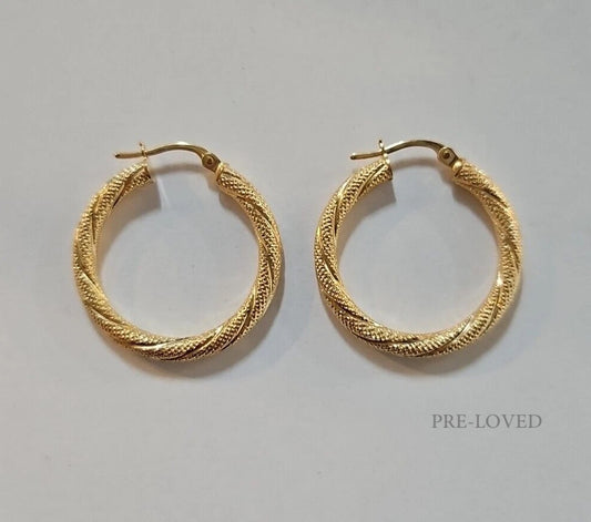 9ct Yellow Gold Matte Patterned Hoop Earrings