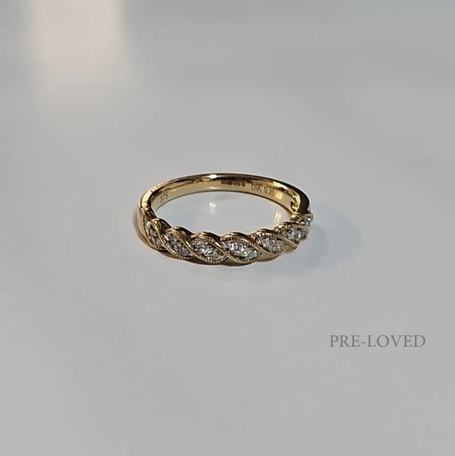9ct Yellow Gold Diamond Wave Band Ring, Size N