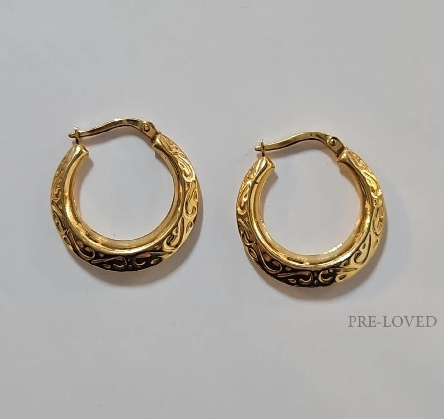 9ct Yellow Gold Patterned Hoop Earrings