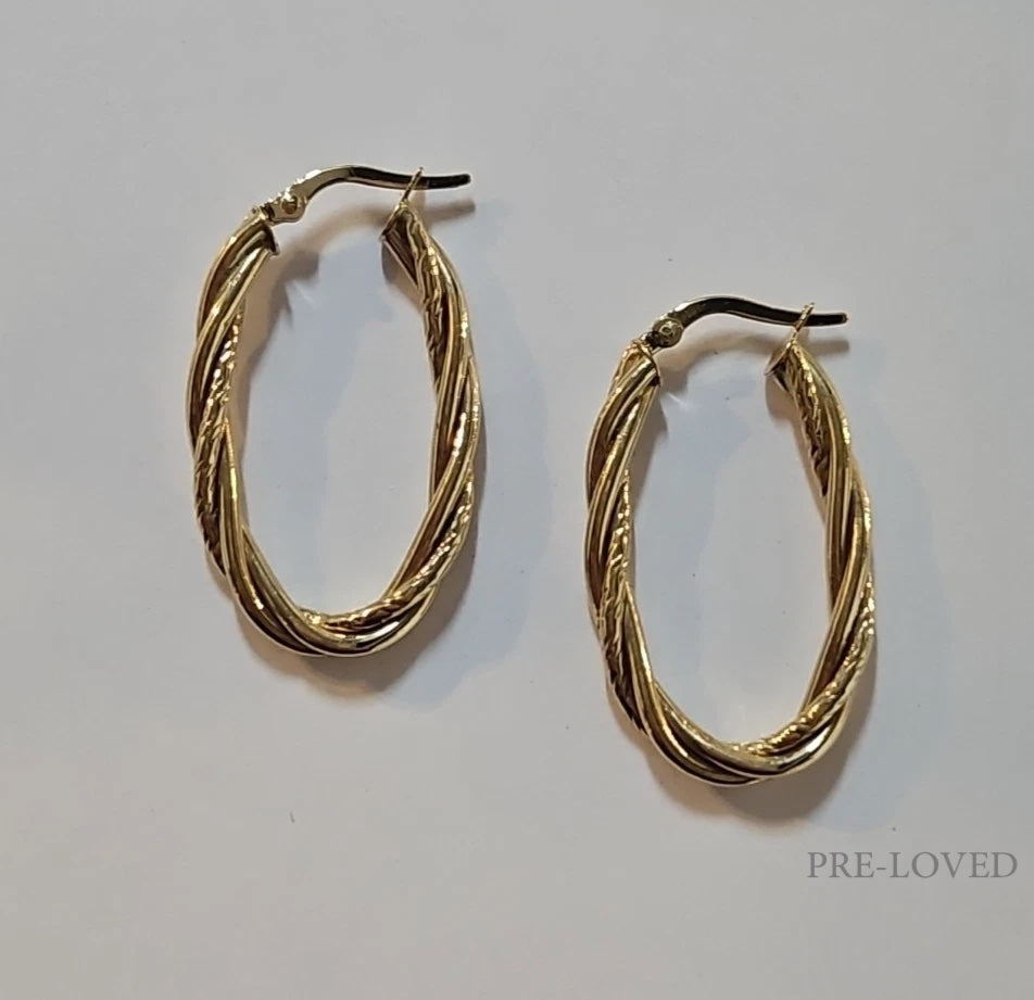 9ct Yellow Gold Oval Patterned Hoop Earrings
